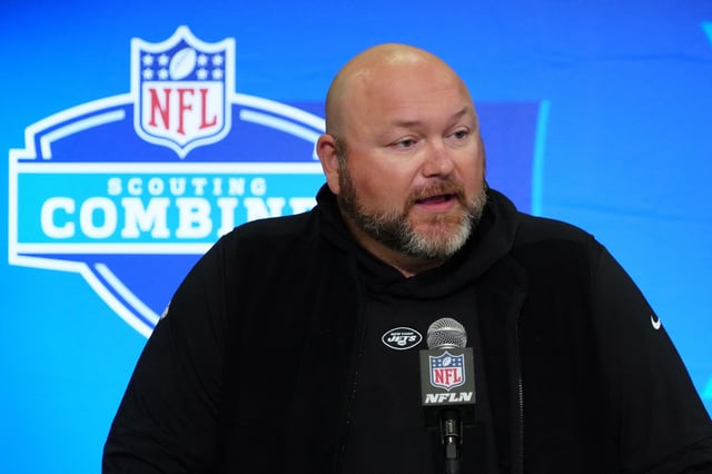 Feb 28, 2024; Indianapolis, IN, USA; New York Jets general manager Joe Douglas speaks at a press conference at the NFL Scouting Combine at Indiana Convention Center. Mandatory Credit: Kirby Lee-USA TODAY Sports/File Photo