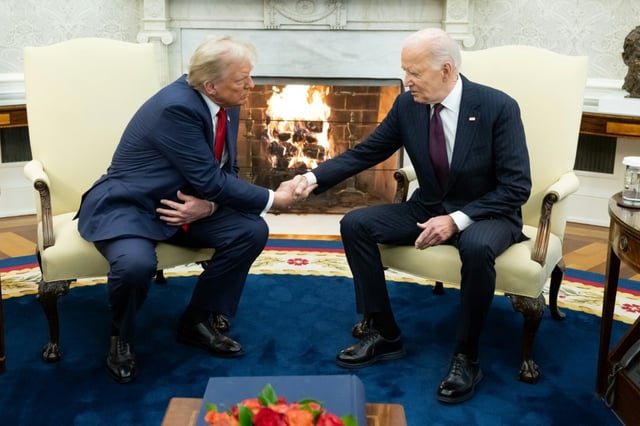 US President Joe Biden shakes hands with US President-elect Donald Trump on November 13, 2024 during a meeting in the White House