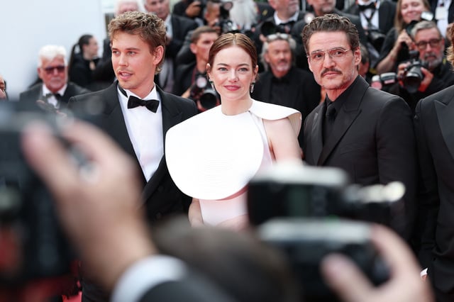 Austin Butler, Emma Stone and Pedro Pascal attend the “Eddington” red carpet on May 16, 2025, in Cannes, France.