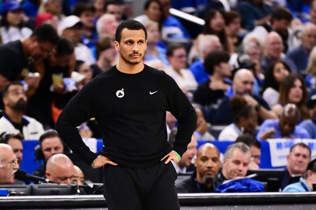 ORLANDO, FLORIDA - APRIL 27: Head coach Joe Mazzulla of the Boston Celtics looks on during game 4 of the first round of the 2025 NBA Playoffs against the Orlando Magic at Kia Center on April 27, 2025 in Orlando, Florida.