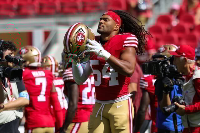 Sep 29, 2024; Santa Clara, California, USA; San Francisco 49ers linebacker Fred Warner (54) warms up before the game against the New England Patriots at Levi's Stadium. Mandatory Credit: Sergio Estrada-Imagn Images