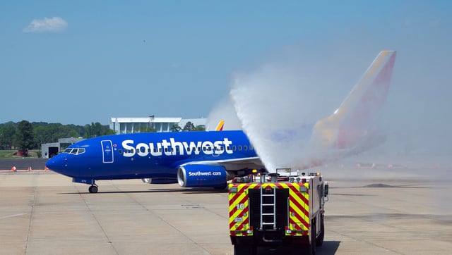 Water cannons welcome the Southwest Airlines inaugural, daily, nonstop flight from Nashville to the Jackson Medgar Wiley Evers International Airport in Jackson, Miss., Tuesday, April 8, 2025.