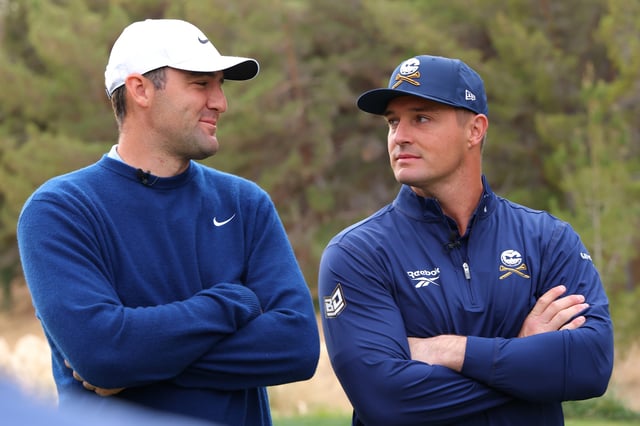 Scottie Scheffler (L) of the PGA Tour and Bryson DeChambeau of LIV Golf talk before The Showdown: McIlroy and Scheffler v DeChambeau and Koepka at Shadow Creek Golf Course on December 16, 2024 in Las Vegas, Nevada.