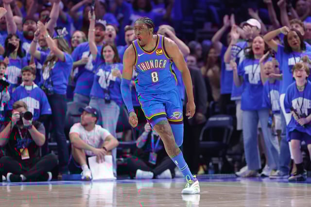 May 18, 2025; Oklahoma City, Oklahoma, USA; Oklahoma City Thunder forward Jalen Williams (8) celebrates after scoring against the Denver Nuggets in the second quarter during game seven of the second round for the 2025 NBA Playoffs at Paycom Center. Mandatory Credit: Alonzo Adams-Imagn Images