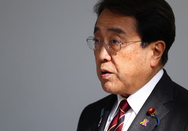 Japan's Economic Revitalization Minister Ryosei Akazawa speaks to the press upon his arrival at Haneda Airport, a day after ministerial talks on tariffs, with U.S. President Donald Trump joining the negotiators, in Tokyo, Japan, April 18, 2025. REUTERS/Issei Kato/ File Photo