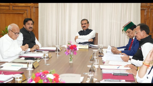 Himachal chief minister Sukhvinder Singh Sukhu and other ministers during a cabinet meeting in Shimla on Monday. (HT Photo)