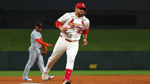 Pedro Pagés (43) of the St. Louis Cardinals rounds third base after hitting a two-run home run against the Detroit Tigers in the seventh inning at Busch Stadium on Monday, May 19, 2025, in St Louis, Missouri. (Dilip Vishwanat/Getty Images/TNS)