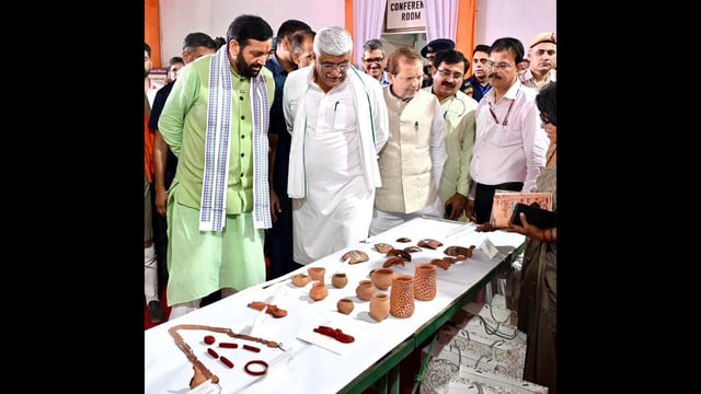 Haryana chief minister Nayab Singh Saini and Union Union minister of culture and tourism Gajendra Singh Shekhawat in Hisar’s Rakkhigarhi on Monday. (Source: X)