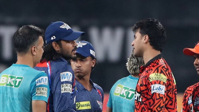 Abhishek Sharma and Digvesh Rathi talk it out after their on-field altercation earlier in the day.