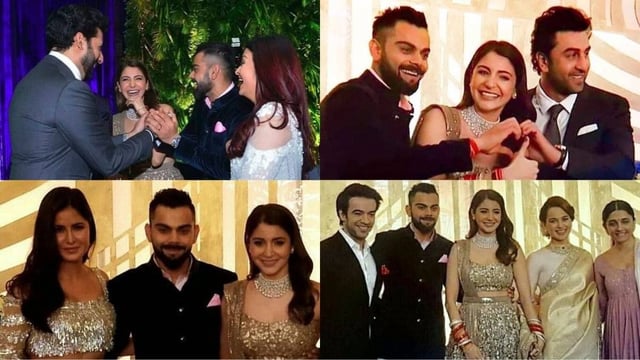 Anushka Sharma-Virat Kohli pose with guests at their wedding reception | Image: Instagram 