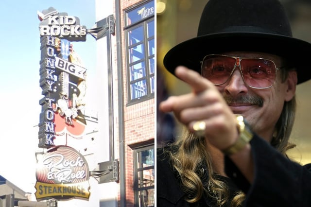 A sign on &#34;Kid Rock&#39;s Big Ass Honky Tonk Rock N&#39; Roll Steakhouse&#34; in Nashville, and the singer at a signing ceremony in the Roosevelt Room of the White House on October 11, 2018.
 in Washington, DC.