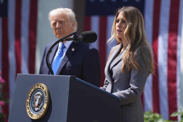 First lady Melania Trump speaks and President Donald Trump listens during a bill signing event for the &#34;Take it Down Act&#34; in the Rose Garden of the White House, Monday, May 19, 2025, in Washington.