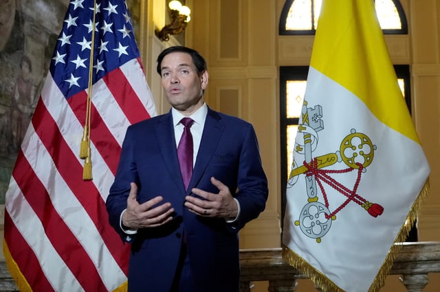 Secretary of State Marco Rubio, speaks to the media during a meeting with President of the Conference of Italian Bishops, Cardinal Matteo Zuppi at the U.S. Embassy to the Holy See in Rome, Saturday, May 17, 2025. Gregorio Borgia/Pool via REUTERS/File Photo