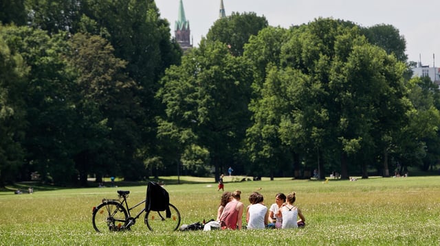 Jugendliche sitzen in Nürnberg (Bayern) auf der Wöhrder Wiese in der Sonne. (Archivbild)