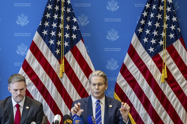 U.S. Trade Representative Jamieson Greer, left, and U.S. Treasury Secretary Scott Bessent take part in a press conference after two days of closed-door discussions on trade between the United States and China, in Geneva, Switzerland, on May 12, 2025.