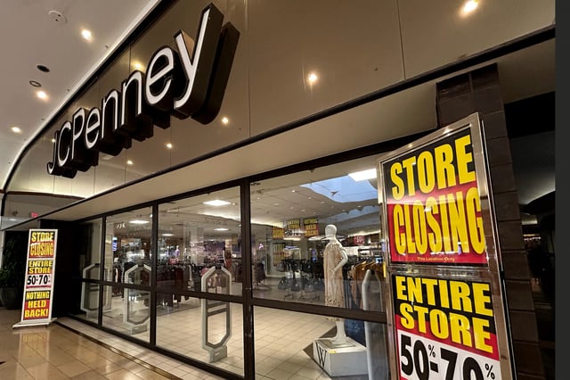 Signage announces a "going out of business" sale at a JCPenney store at the Westfield Annapolis Mall in Annapolis, Maryland on April 7, 2025.