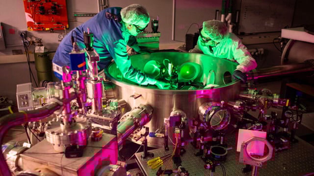 John Nees (left) and laser engineer Paul Campbell (right) work in Target Area 1, where the first 2 petawatt user experiment will take place. ZEUS is now the most powerful laser in the U.S. Photo: Marcin Szczepanski/Michigan Engineering