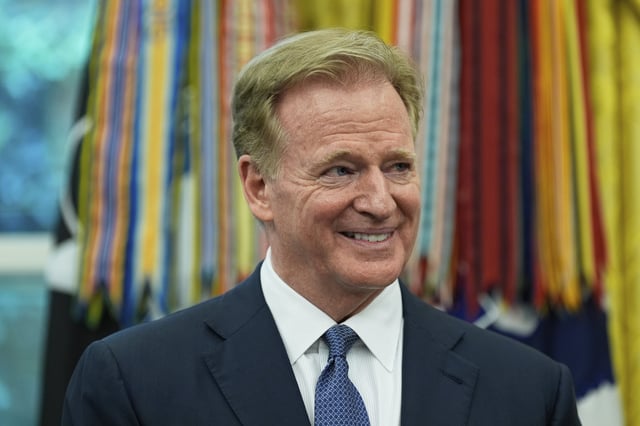 NFL Commissioner Roger Goodell listens as President Donald Trump speaks during an event to announce that the 2027 NFL Draft will be held on the National Mall, in the Oval Office of the White House, Monday, May 5, 2025, in Washington. (AP Photo/Alex Brandon)