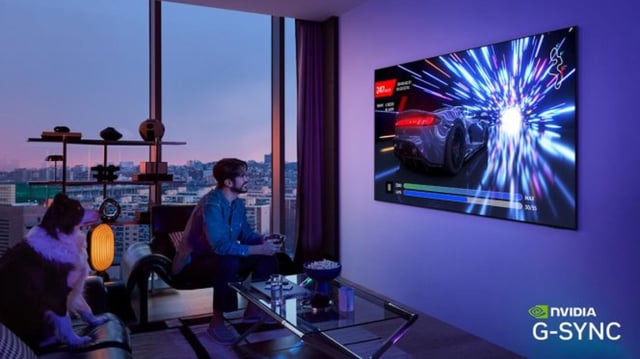 Samsung OLED tv on a wall, with 'Nvidia G-Sync' written in the bottom right