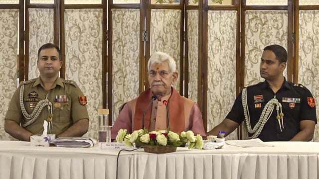 Jammu and Kashmir lieutenant governor Manoj Sinha chairing the Unified Command meeting at Raj Bhawan in Srinagar on Tuesday. (PTI Photo)