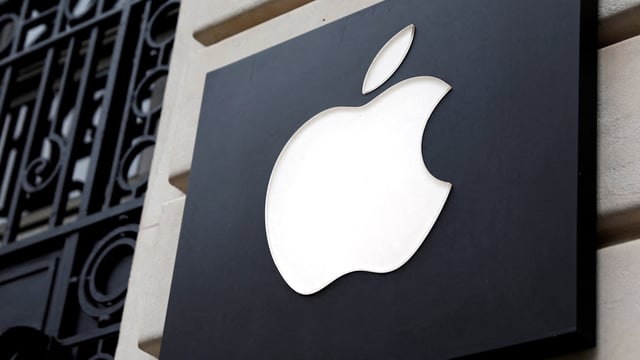 View of an Apple logo at an Apple store in Paris, France
