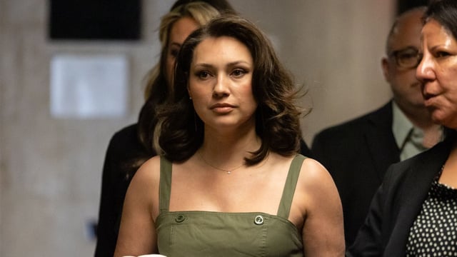 Jessica Mann, an alleged victim of Harvey Weinstein, arrives at Manhattan criminal court in New York, US, on Monday, May 19, 2025.