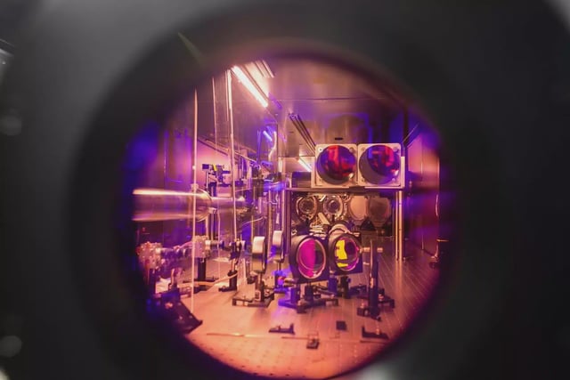 A view through the titanium-sapphire crystal that helps to transfer power into ZEUS’s laser pulses. At two petawatts, ZEUS is now the most powerful laser in the U.S. Image credit: Marcin Szczepanski, Michigan Engineering