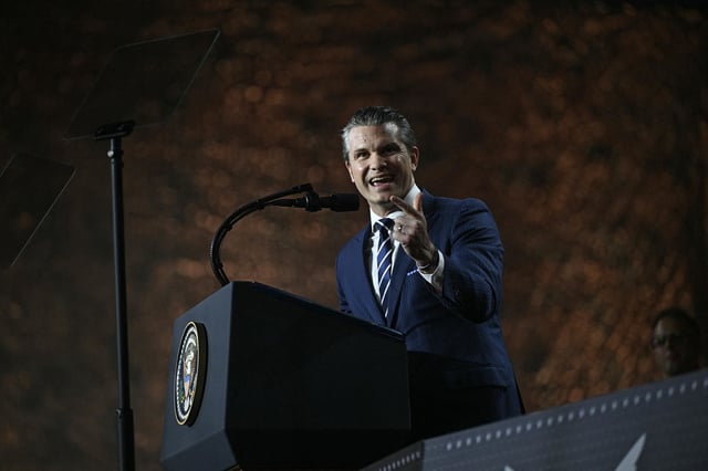 Secretary of Defense Pete Hegseth addresses troops at the Al-Udeid air base in Qatar on May 15, 2025.