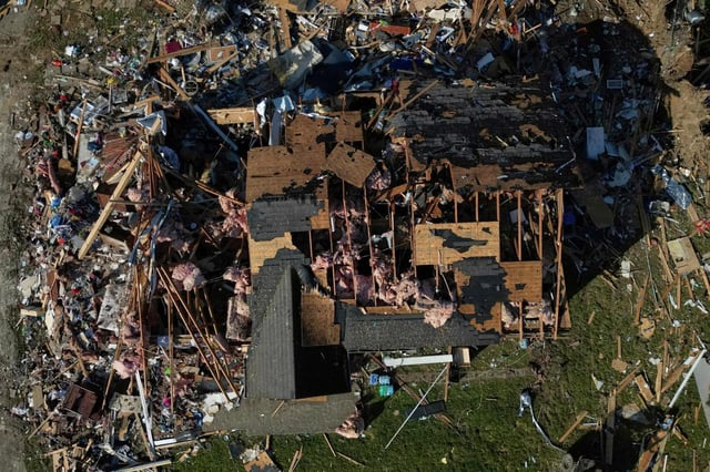 A destroyed home is seen from above in Laurel County, Kentucky, after tornadoes passed through the area. (CAROLYN KASTER/AP)