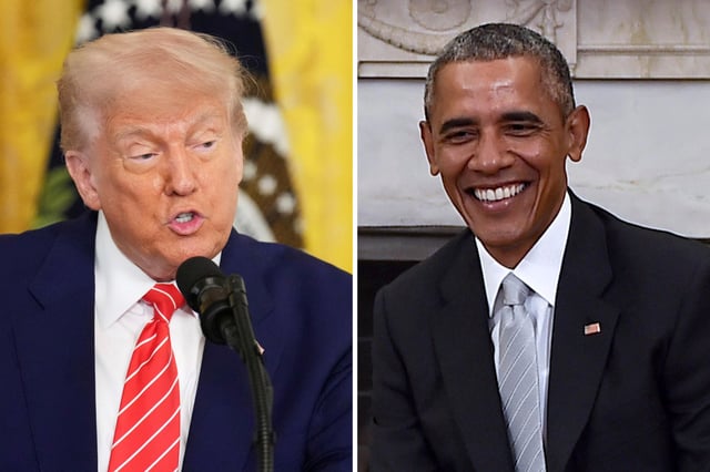 Split screen of Donald Trump and Barack Obama.