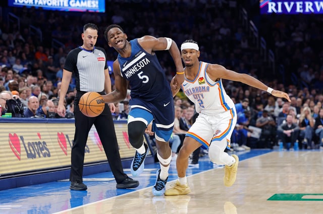 Minnesota Timberwolves guard Anthony Edwards (5) works to keep the ball inbounds as Oklahoma City Thunder guard Shai Gilgeous-Alexander (2) defends during a game at Paycom Center on Feb. 24, 2025.