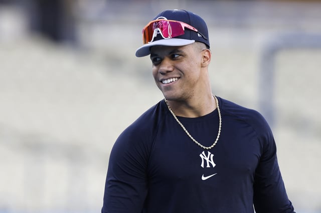 LOS ANGELES, CALIFORNIA - OCTOBER 24: Juan Soto #22 of the New York Yankees reacts during batting practice on workout day ahead of Game 1 of the 2024 World Series at Dodger Stadium on October 24, 2024 in Los Angeles, California.