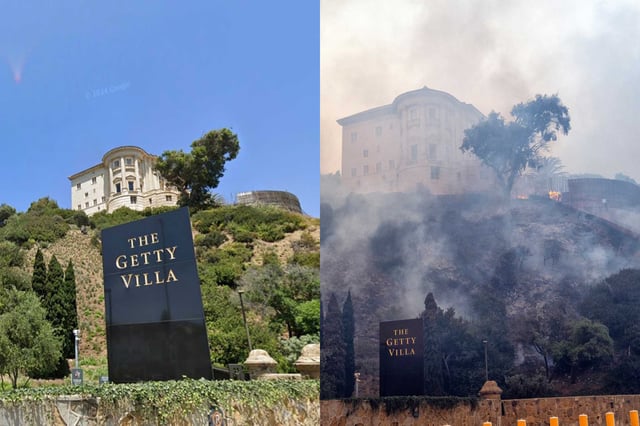 The Getty Villa - Google Street View, left, and The Palisades fire burns around the Getty Villa in Pacific Palisades Jan. 7. The Getty Villa Museum in Los Angeles is set to reopen June 27, following a seven-month closure caused by the devastating Palisades Fire, which ravaged Pacific Palisades and surrounding areas. 