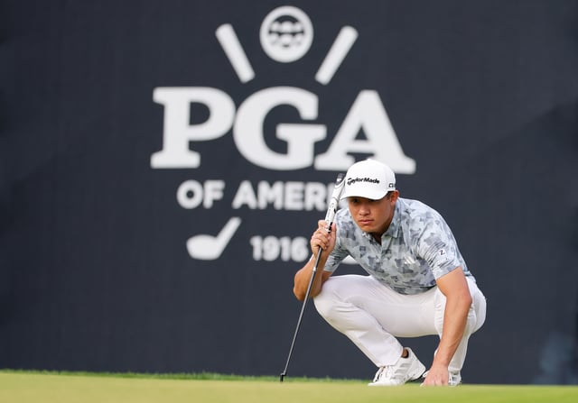 CHARLOTTE, NORTH CAROLINA - MAY 16: Collin Morikawa of the United States looks over a putt on the 11th hole during the second round of the PGA Championship at Quail Hollow Country Club on May 16, 2025 in Charlotte, North Carolina.