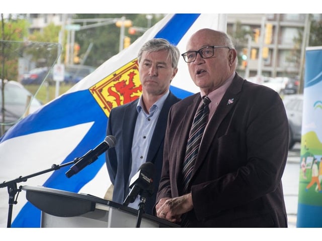  Robert Strang, Nova Scotia’s chief medical officer, and Premier Tim Houston answer questions from reporters about the shingles vaccine during a press conference at the Keshen Goodman Library on Tuesday.