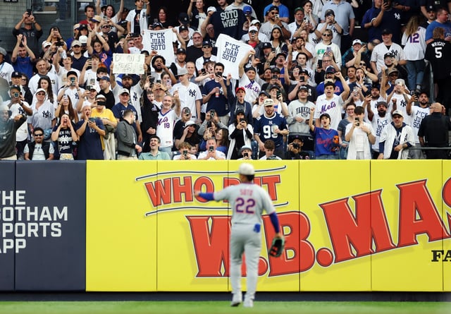 NEW YORK, NEW YORK - MAY 16: New York Yankees fans heckle Juan Soto #22 of the New York Mets during the first inning against the New York Yankees at Yankee Stadium on May 16, 2025 in the Bronx borough of New York City.