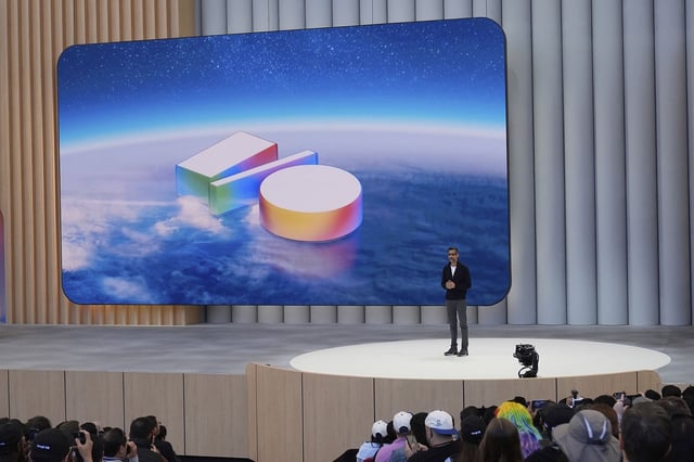 Alphabet CEO Sundar Pichai speaks at a Google I/O event in Mountain View, Calif., Tuesday, May 20, 2025.