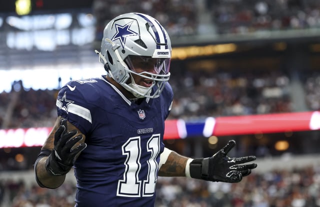Jan 5, 2025; Arlington, Texas, USA;  Dallas Cowboys linebacker Micah Parsons (11) celebrates  after a sack during the first quarter against the Washington Commanders at AT&T Stadium. Mandatory Credit: Kevin Jairaj-Imagn Images