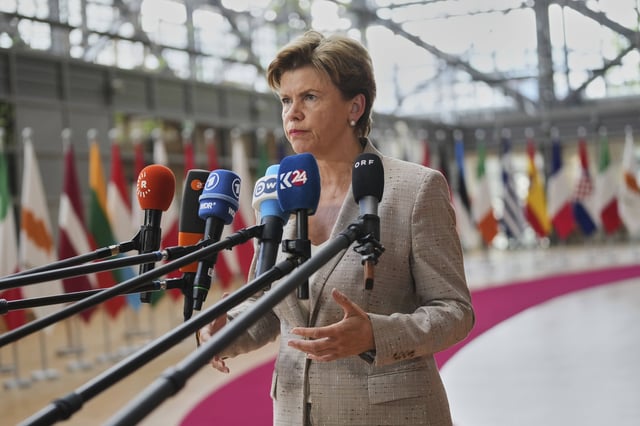 Latvia's Foreign Minister Baiba Braze speaks with the media as she arrives for a meeting of EU foreign ministers at the European Council building in Brussels, Belgium, Tuesday, May 20, 2025. (AP Photo/Virginia Mayo)