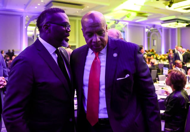 Chicago Bears President and CEO Kevin Warren speaks to Mayor Brandon Johnson during the 120th Annual Meeting of the Chicagoland Chamber of Commerce at the Hilton in the Loop on June 4, 2024. (Eileen T. Meslar/Chicago Tribune)