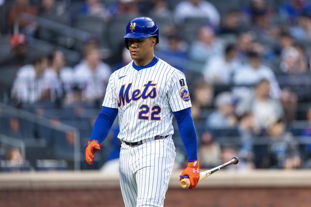 NEW YORK, NEW YORK - APRIL 29: Juan Soto #22 of the New York Mets walks to the dugout after striking out during the first inning of the game against the Arizona Diamondbacks at Citi Field on April 29, 2025 in the Flushing neighborhood of the Queens borough of New York City.
