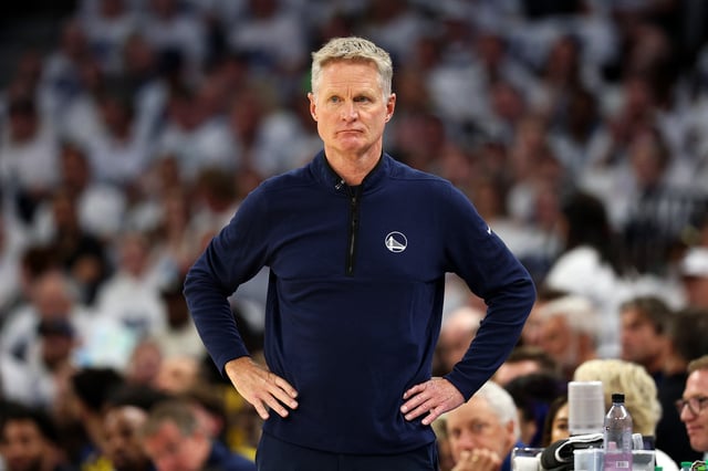 Head coach Steve Kerr of the Golden State Warriors looks on against the Minnesota Timberwolves in the second quarter of Game One of the Second Round of the 2025 NBA Playoffs at Target Center on May 06, 2025 in Minneapolis, Minnesota.