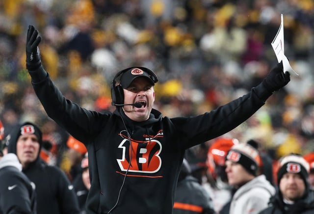 Jan 4, 2025; Pittsburgh, Pennsylvania, USA;  Cincinnati Bengals head coach Zac Taylor reacts to an interference call on the Bengals against the Pittsburgh Steelers during the second quarter at Acrisure Stadium. Mandatory Credit: Charles LeClaire-Imagn Images