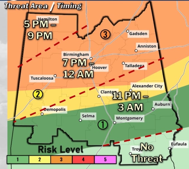 A map from NWS Birmingham shows the areas at highest risk for tornados on Tuesday night.