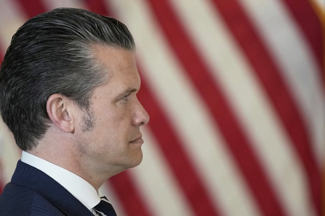 U.S. Secretary of Defense Pete Hegseth attends along with President Donald Trump a business roundtable, Thursday, May 15, 2025, in Doha, Qatar.