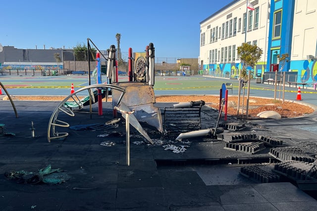 A burned playground seen at San Francisco’s Lafayette Elementary School on May 19, 2025.