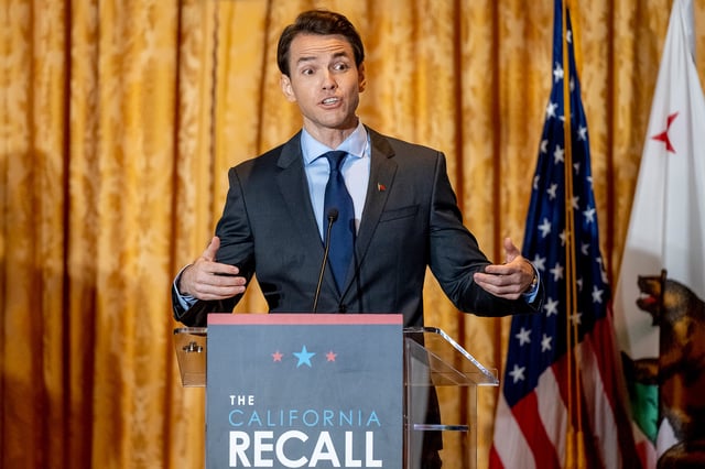 FILE: Rep. Kevin Kiley answers a question from the moderators during the California recall debate at the Richard Nixon Presidential Library and Museum in Yorba Linda, Calif., on Aug. 4, 2021.