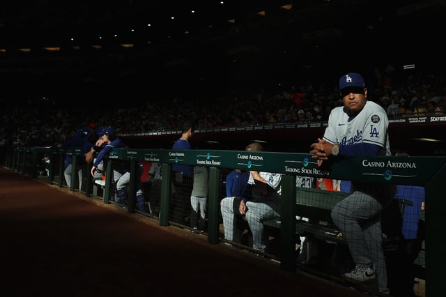 PHOENIX, ARIZONA - MAY 10: Manager Dave Roberts #30 of the Los Angeles Dodgers looks on during the MLB game against the Arizona Diamondbacks at Chase Field on May 10, 2025 in Phoenix, Arizona.
