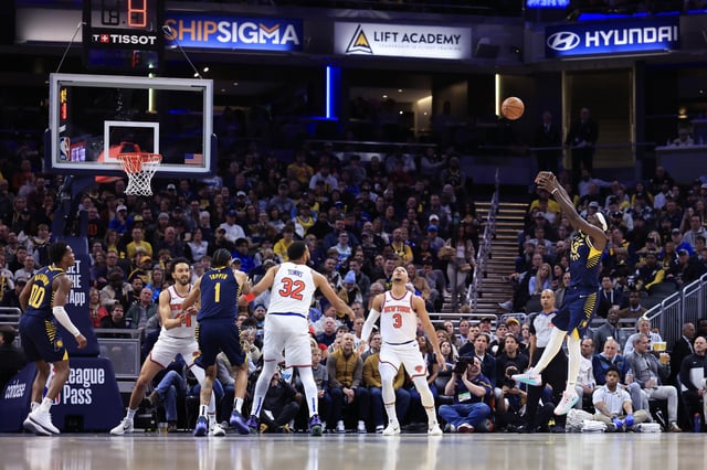 Pascal Siakam #43 of the Indiana Pacers takes a shot during the first half against the New York Knicks at Gainbridge Fieldhouse on February 11, 2025 in Indianapolis, Indiana.