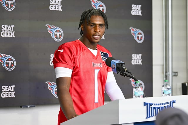 Cam Ward #1 of the Tennessee Titans speaks to the media during Tennessee Titans Rookie Minicamp at Ascension Saint Thomas Sports Park on May 10, 2025 in Nashville, Tennessee.